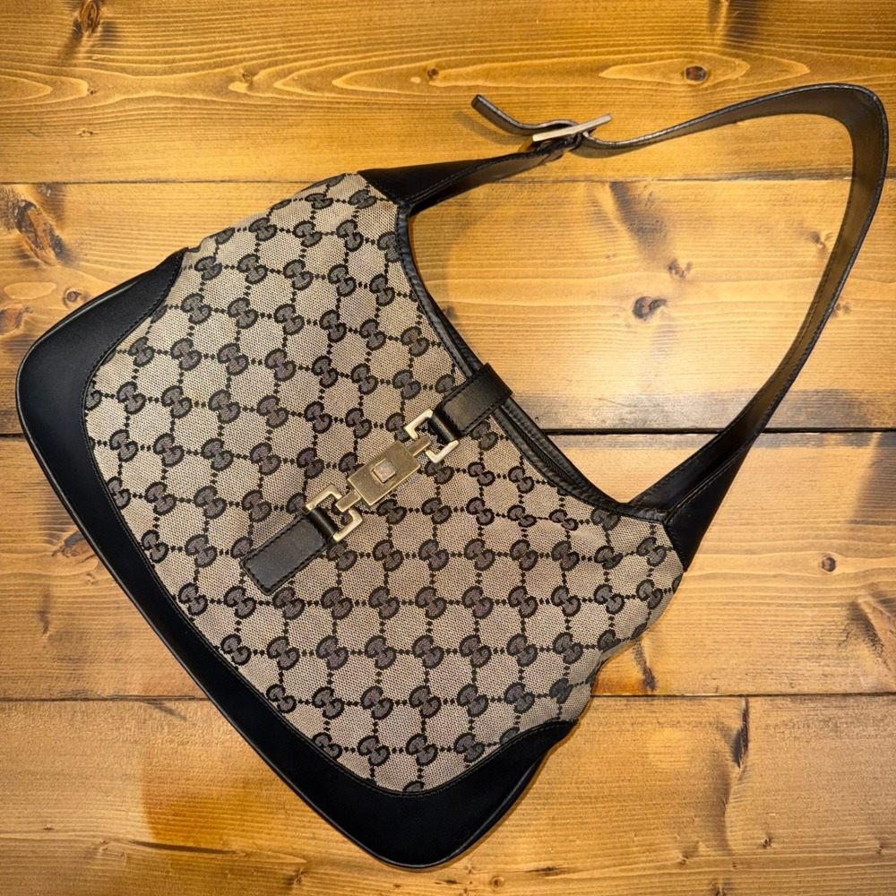 Vintage 1990's Gucci Tom Ford Jackie O GG Monogram Canvas Leather Shoulder Bag